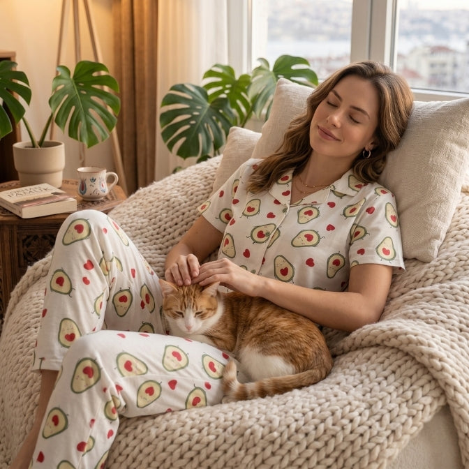 Y&B Co. Avokado Pattern Düğmeli Kadın Pijama Takımı