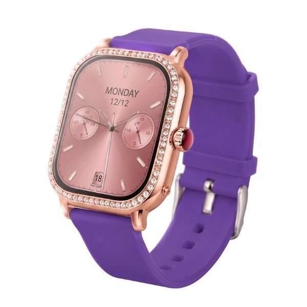 G10 Mini Akıllı Saat - Taş Detaylı Rose Gold Kasa & Mor Silikon Kordonlu Kadın Akıllı Saat