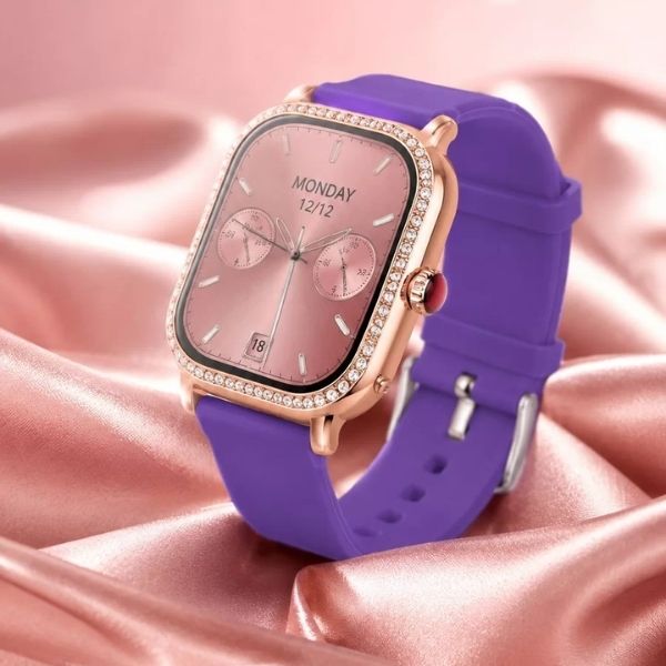 G10 Mini Akıllı Saat - Taş Detaylı Rose Gold Kasa & Mor Silikon Kordonlu Kadın Akıllı Saat