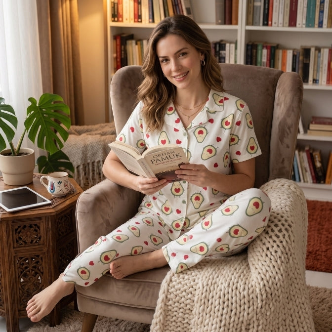 Y&B Co. Avokado Pattern Düğmeli Kadın Pijama Takımı