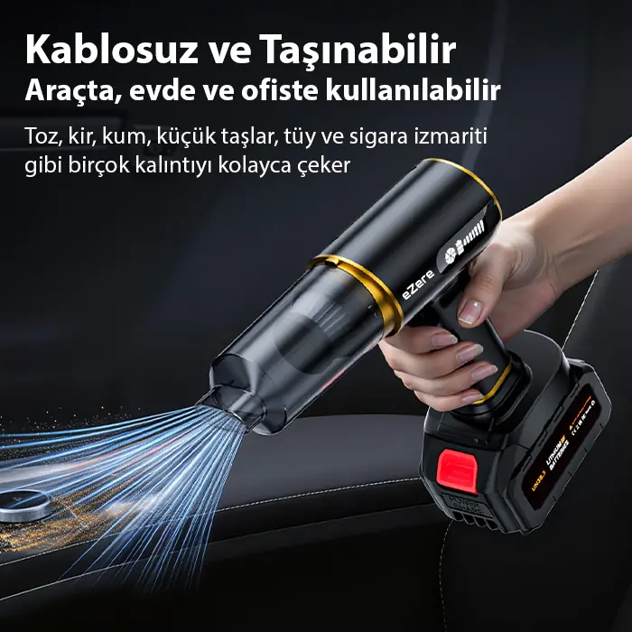 EZERE ST-6609C 20000pa Güçlü Dijital Göstergeli Vakumlu Kablosuz Üflemeli Araç Süpürgesi