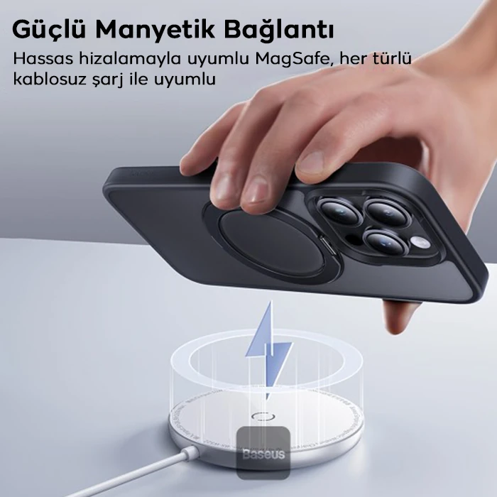 Baseus iPhone 15 Plus SkyRing Serisi Standlı Magsafe Manyetik Kılıf + Tempered Ekran Koruyucu Set