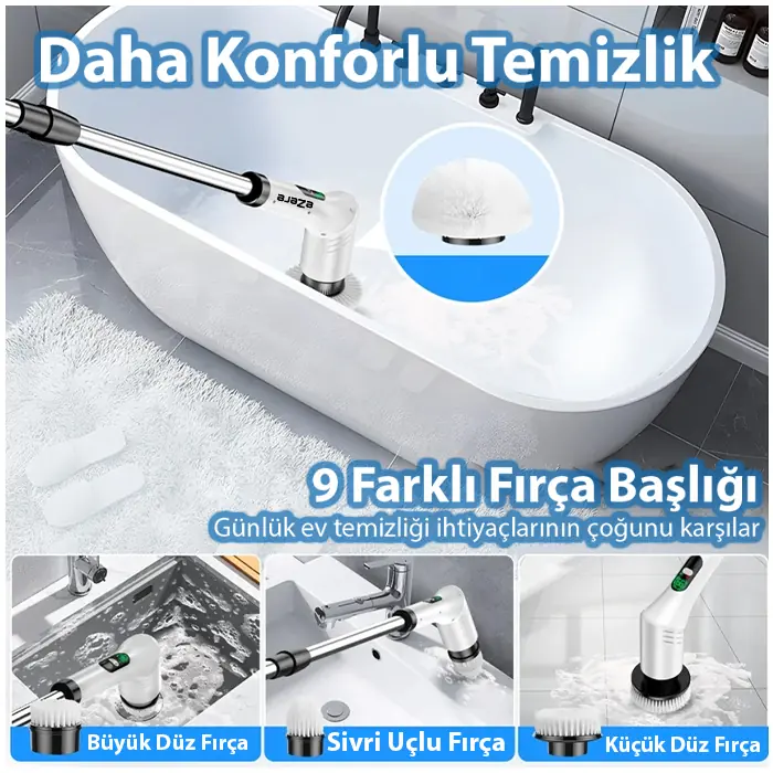 EZERE SpinPro 9-in-1 Teleskopik Şarjlı Dijital Temizlik Fırçası