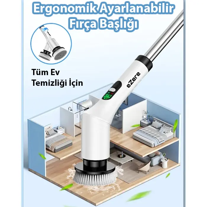 EZERE SpinPro 9-in-1 Teleskopik Şarjlı Dijital Temizlik Fırçası