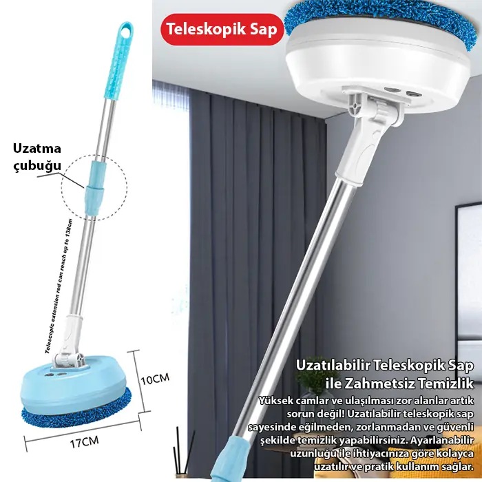 EZERE AA102 Pro Teleskopik Kablosuz Döner Temizlik Fırçası – Cam Tavan Zemin Uyumlu