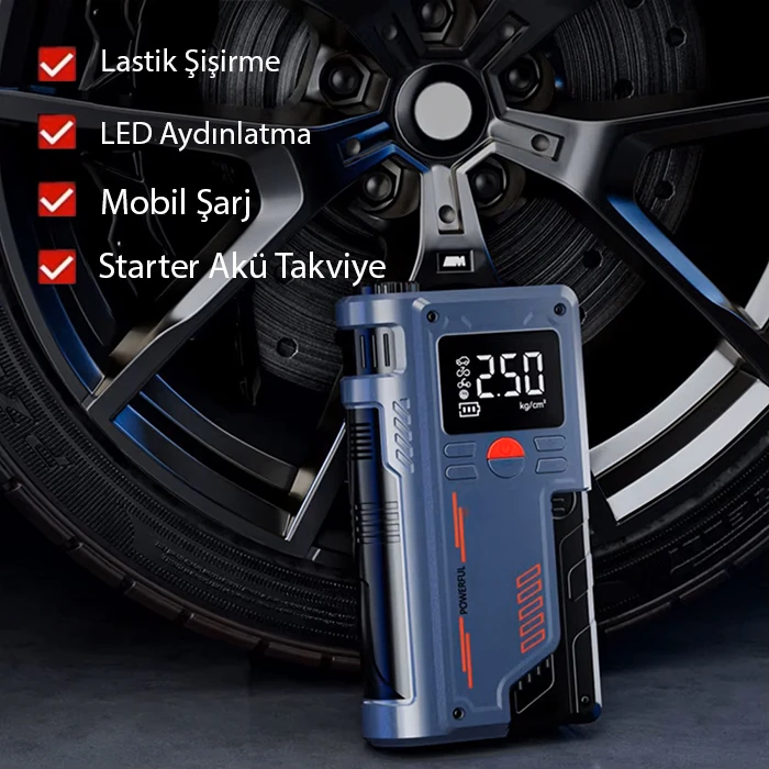 EZERE ST-9631 Pro Taşınabilir Göstergeli Araç Lastik Şişirme Ve Starter Akü Takviye Seti