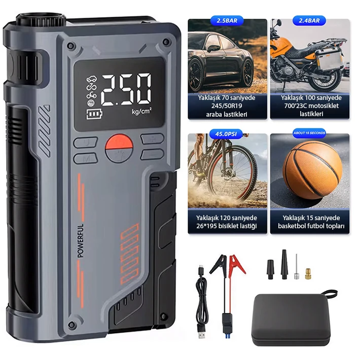 EZERE ST-9631 Pro Taşınabilir Göstergeli Araç Lastik Şişirme Ve Starter Akü Takviye Seti