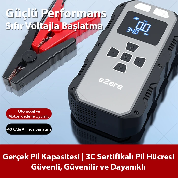 EZERE 4 in1 8000mAh Lastik Sisirme Pompası Ve Starter Akü Takviye Seti