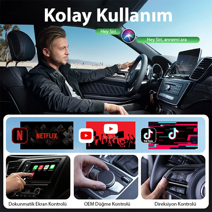 USB+Type-C Apple Kablosuz Wireless Carplay Adaptör Çevirici -Youtube Netflix Tiktok Video Yansıtıcı