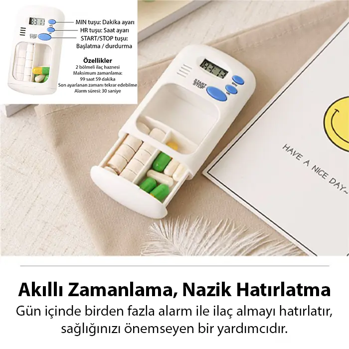 Ezere Elektronik Akıllı Zamanlayıcılı Taşınabilir Hap İlaç Kutusu - BPA İçermez