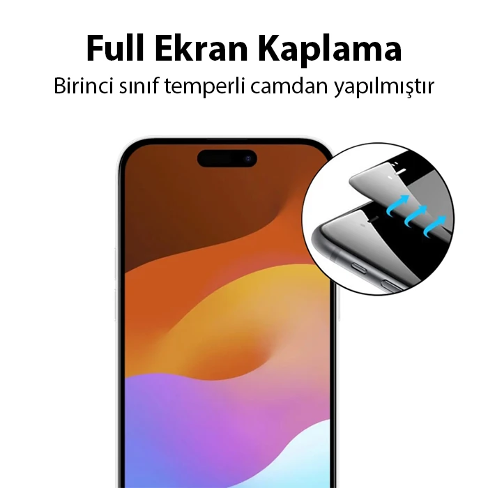 Ally iPhone 15 Full Glue Tempered Kırılmaz Cam Ekran Koruyucu