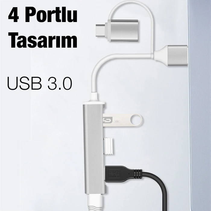ALLY A-806 4in1 Type-C + USB Girişli USB 3.0 Çoğaltıcı Hub Adaptör Çevirici