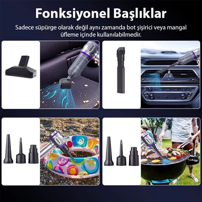 EZERE 16000pa Güçlü Portatif Taşınabilir Vakumlu Kablosuz Üflemeli Mini Araç Süpürgesi