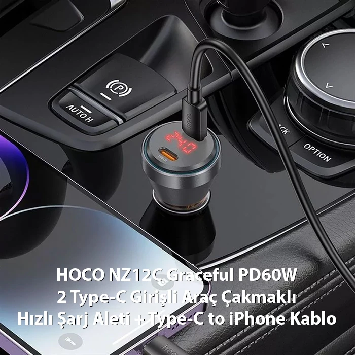 HOCO NZ12C Graceful PD60W 2 Type-C Girişli Araç Çakmaklı Hızlı Şarj Aleti + Type-C to iPhone Kablo
