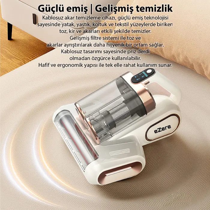 Ezere DustAway 17000Pa Güçlü Kablosuz Akar ve Toz UV Işıklı Yatak ve Koltuk Temizleyici