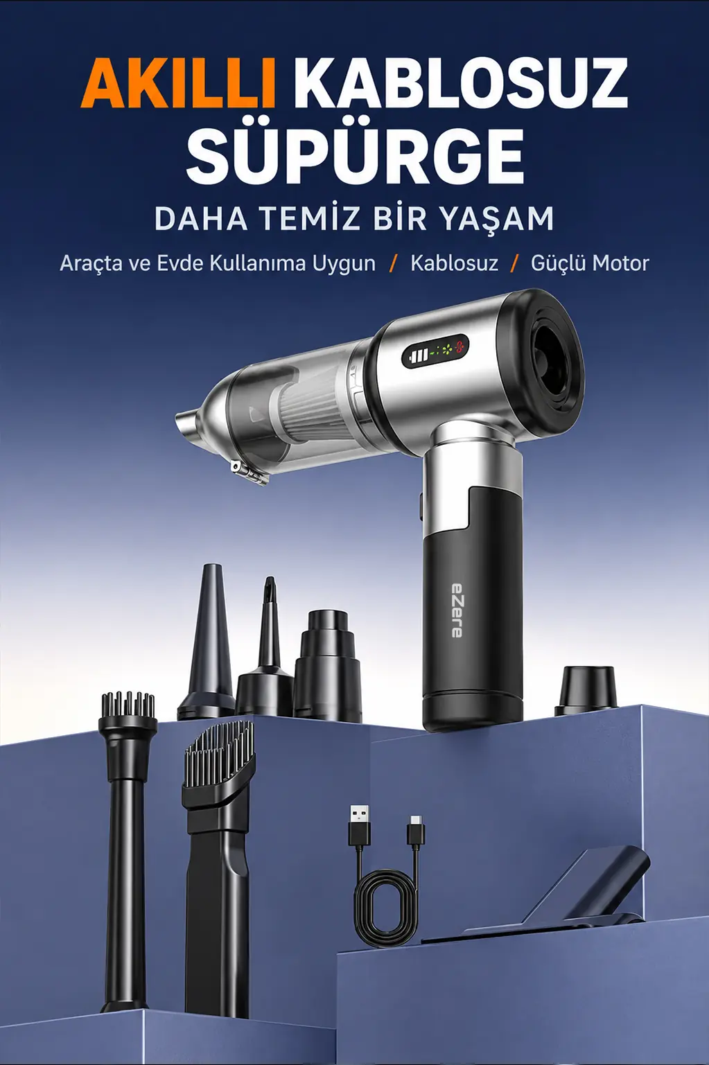 Ezere DuoForceVac 22000pa Güçlü Portatif Taşınabilir Vakumlu Kablosuz Üflemeli Mini Araç Süpürgesi