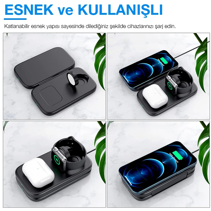 ALLY W66 15W 3 in1 Android + iPhone Taşınabilir Mini Kablosuz Hızlı Şarj Standı