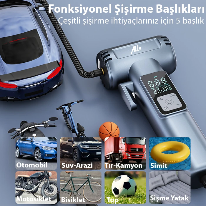 Ally ST-5530 Dijital Şarjlı Araç Lastik Hava Şişirme Pompası Powerbank Pencere kırıcı