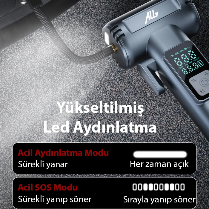 Ally ST-5530 Dijital Şarjlı Araç Lastik Hava Şişirme Pompası Powerbank Pencere kırıcı