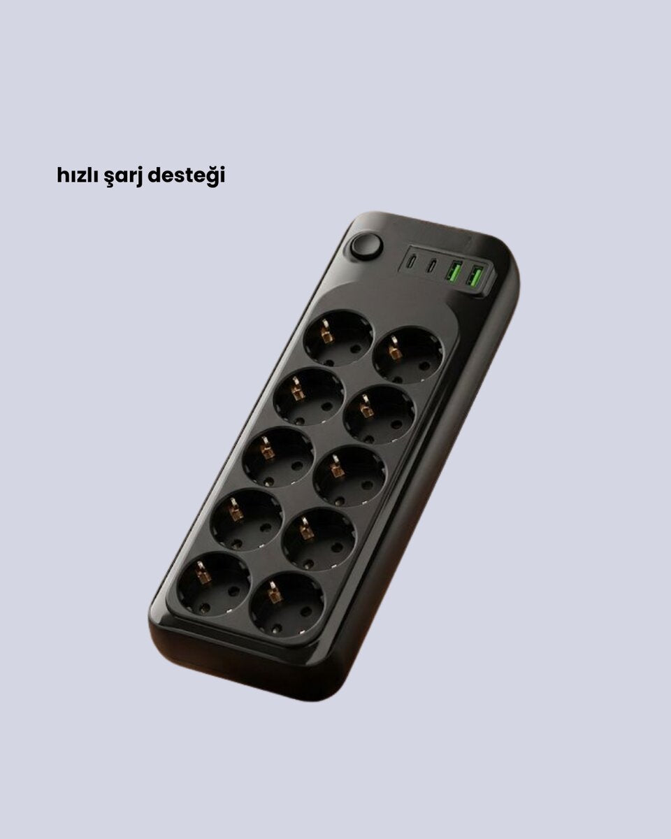 10’lu Çoklu Priz Termal Korumalı USB Type-C Çıkışlı 2500W Uzatma Kablosu