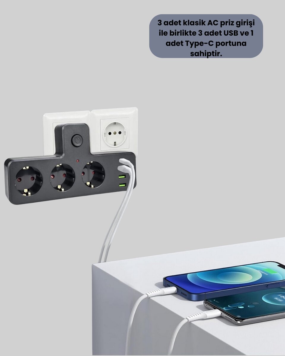 Masa Üstü Çoklu Priz USB ve Type-C Çıkışlı Güç Dağıtıcı