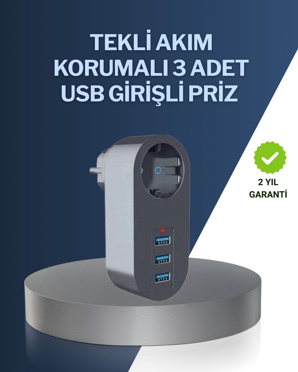 Çocuk Korumalı Termal Priz – 3'lü USB Şarj ve Akım Koruması