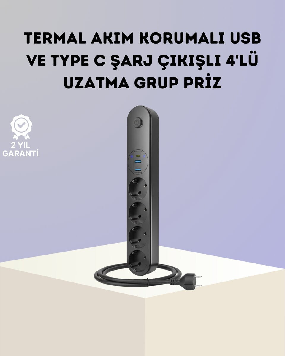Akım Korumalı Çoklu Priz 4’lü 2 USB 1 Type-C 2500W Güçlü Tasarım