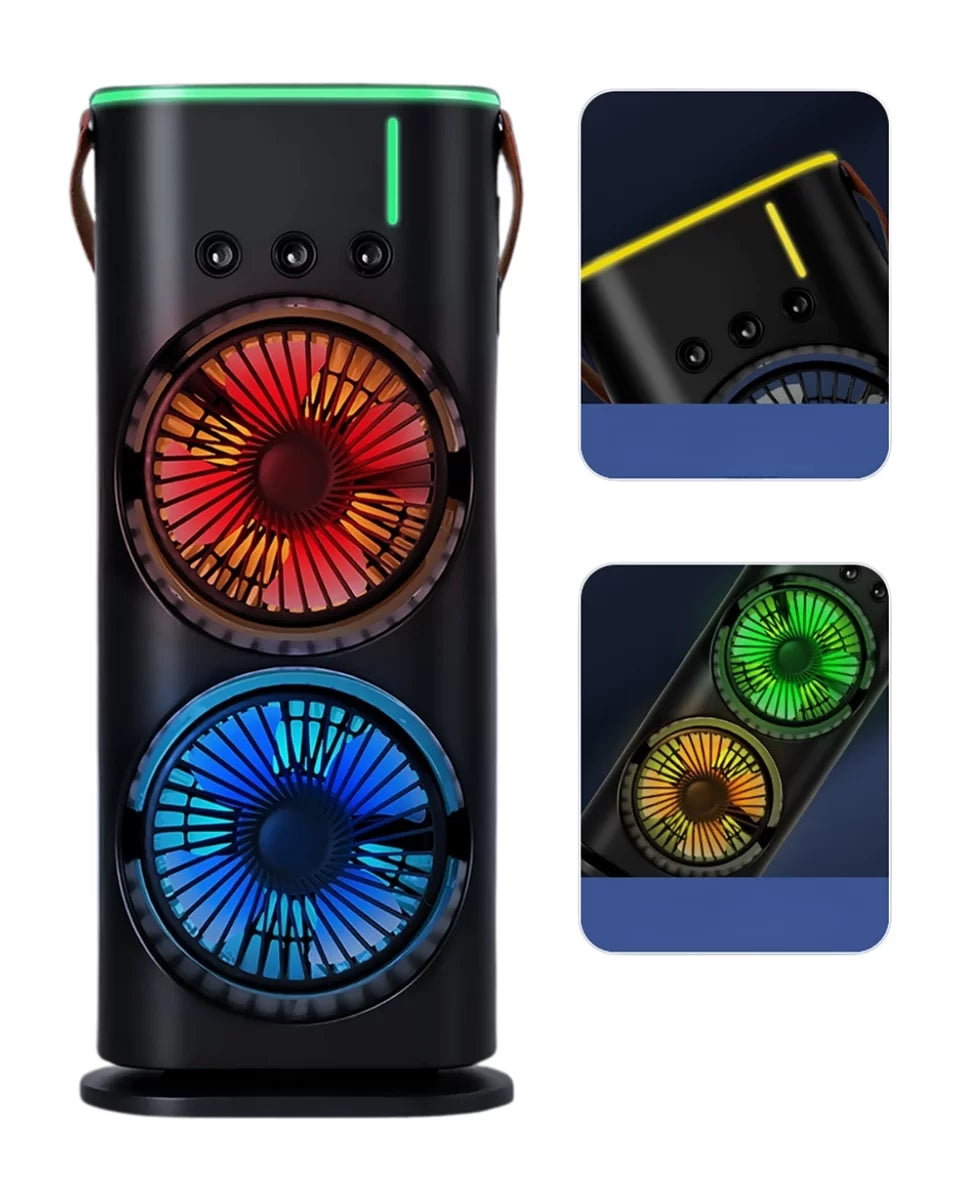 Şarjlı Buharlı Serinletici Fan RGB Işıklı Çift Pervaneli Masa Fanı
