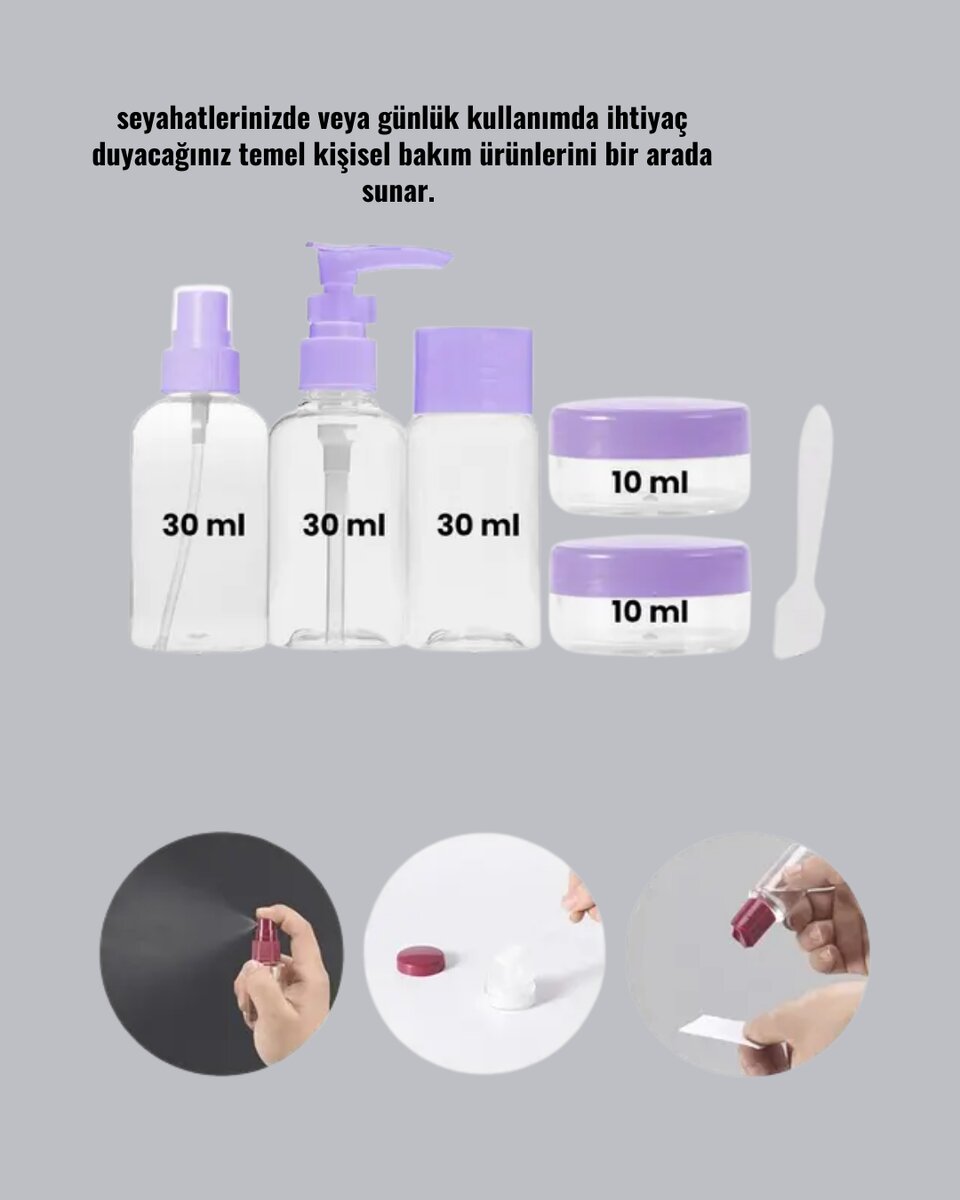 Seyahat Boy Banyo Seti 5’li Mini Şişe ve Krem Kutusu Çantalı