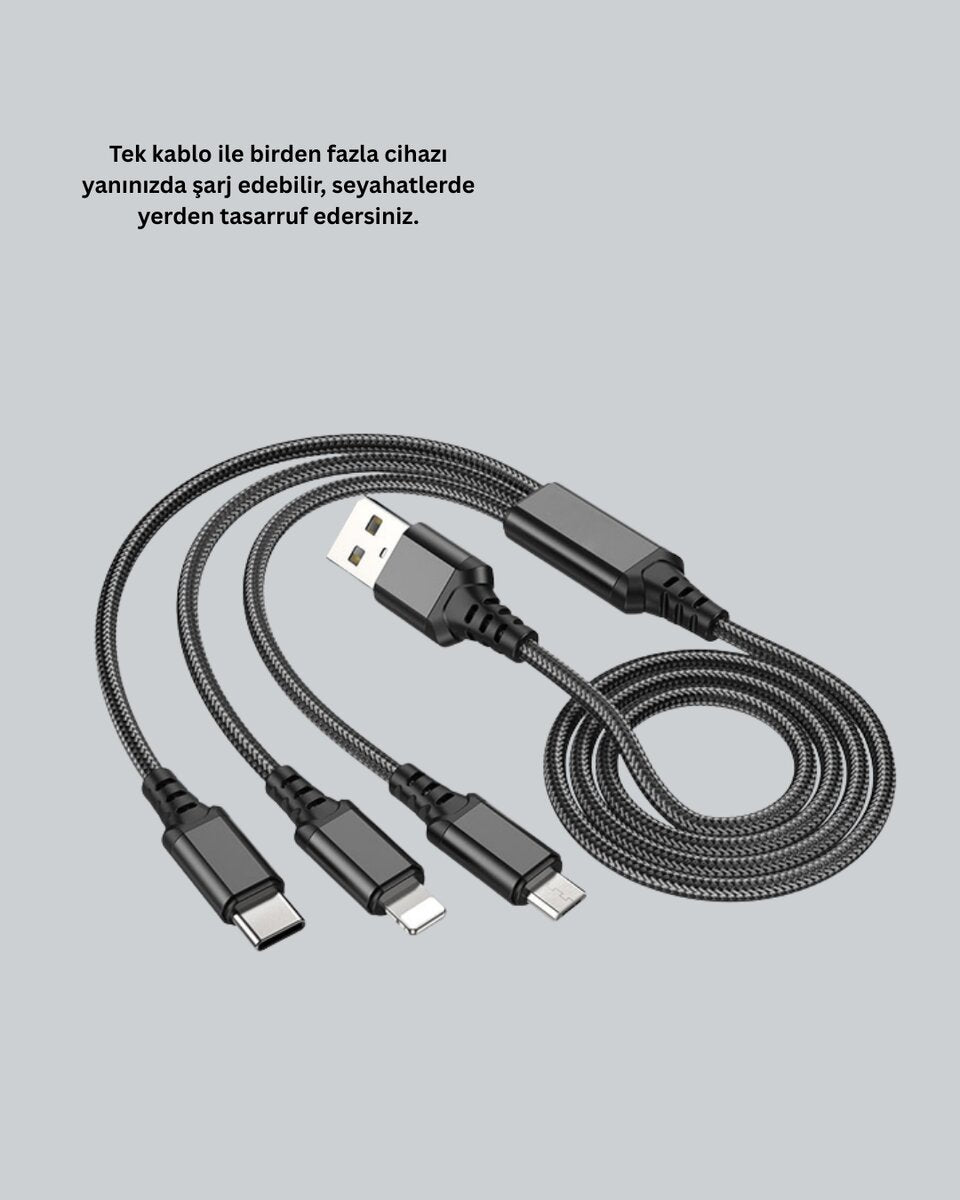 3’ü 1 Arada Hızlı Şarj Kablosu – iOS Android Type-C Uyumlu