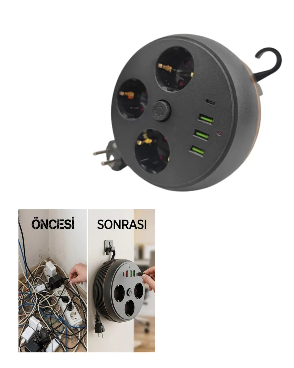 Çoklu Priz Akım Koruma 3 Soket 3 USB Type C Hızlı Şarj 2m Uzatma Kablosu
