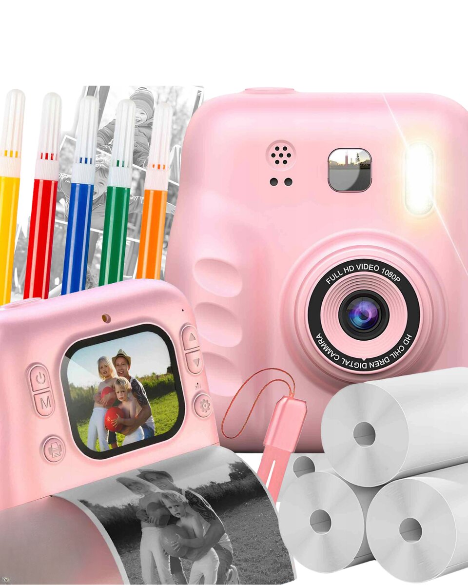 HD Ekranlı Çocuk Fotoğraf Makinesi Video Kayıt ve Baskı Kağıdı Kalem Hediyeli