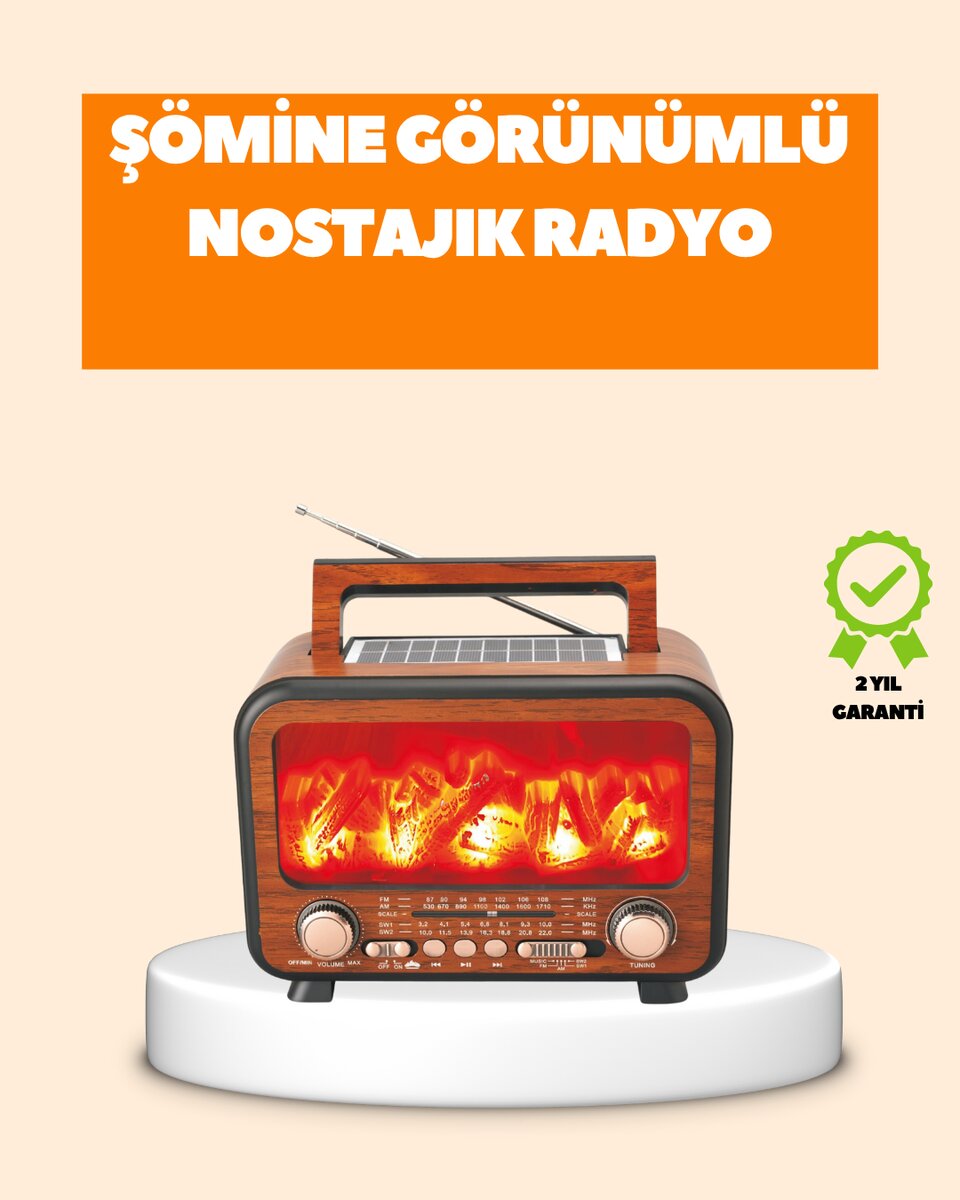 Şömine Alev Işıklı Solar Bluetooth Hoparlör – 7W Güçlü Ses FM Radyo