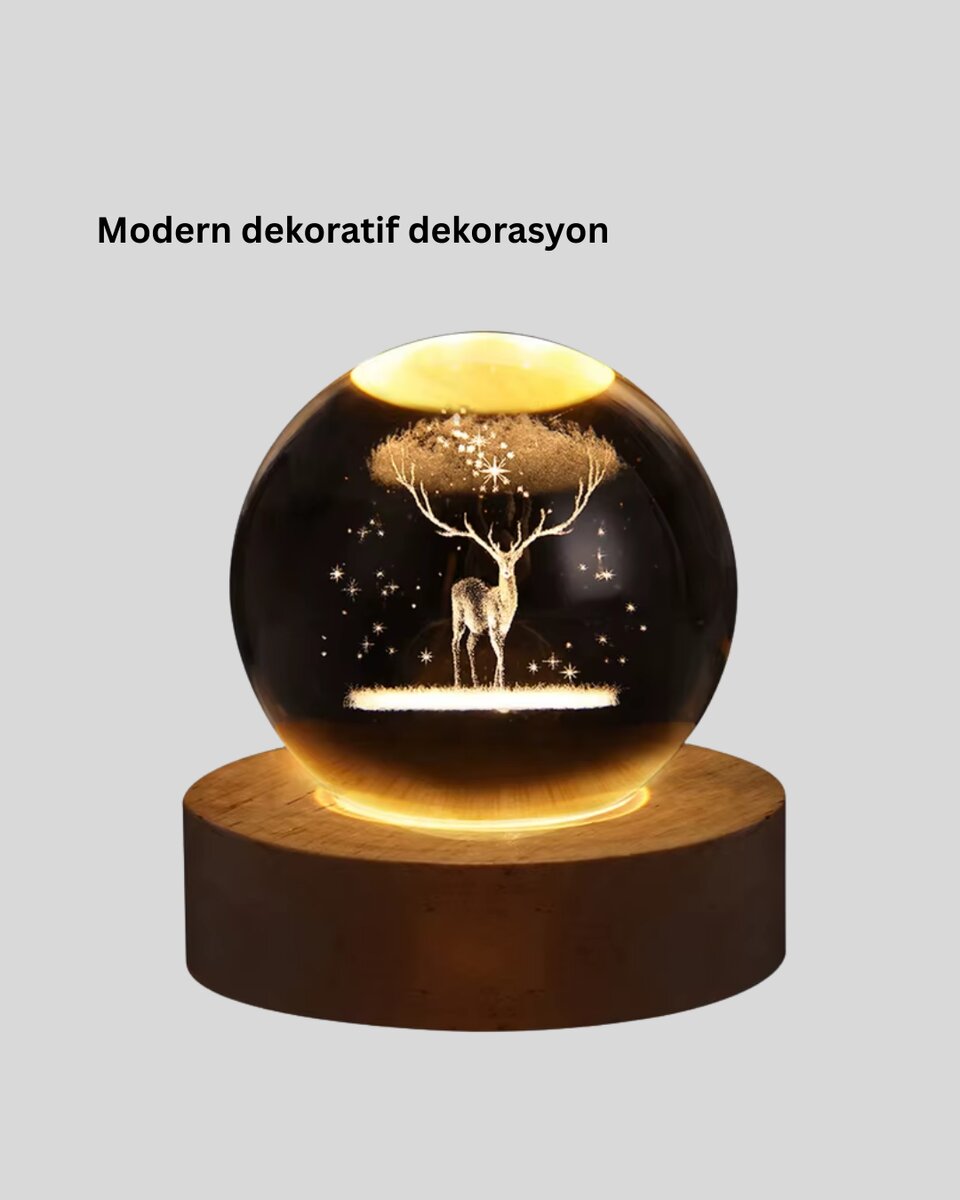 Doğal Ahşap Standlı Geyik Figürlü Kristal Küre LED Dekoratif Lamba