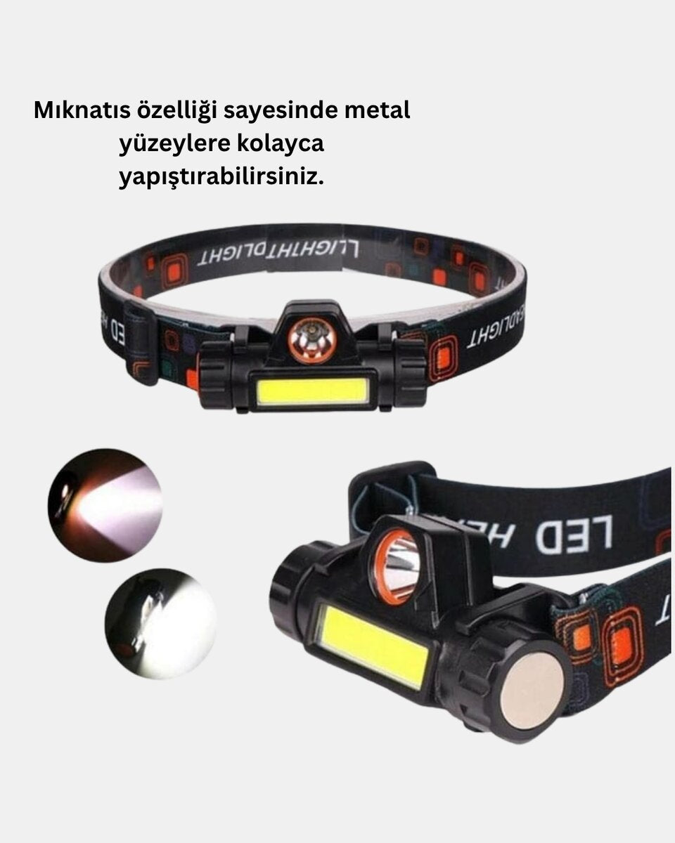 Profesyonel Şarjlı LED Kafa Lambası – Uzun Mesafe + Ortam Aydınlatması