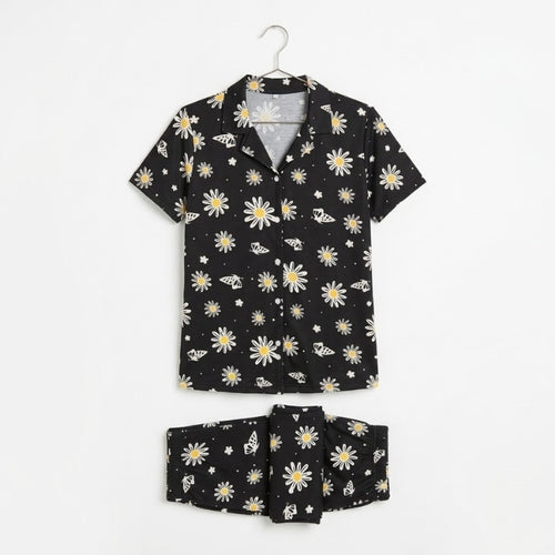 Y&B Co.Papatya ve Kelebek Desenli Pattern Düğmeli Kadın Pijama Takımı