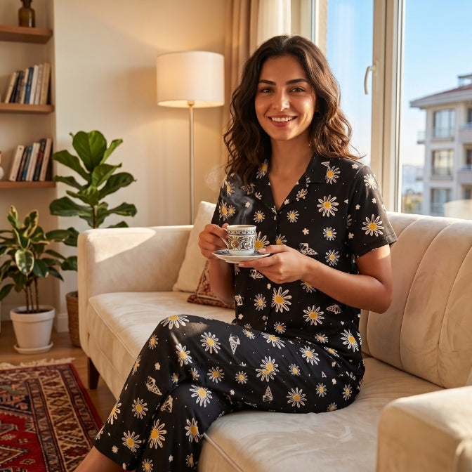 Y&B Co.Papatya ve Kelebek Desenli Pattern Düğmeli Kadın Pijama Takımı