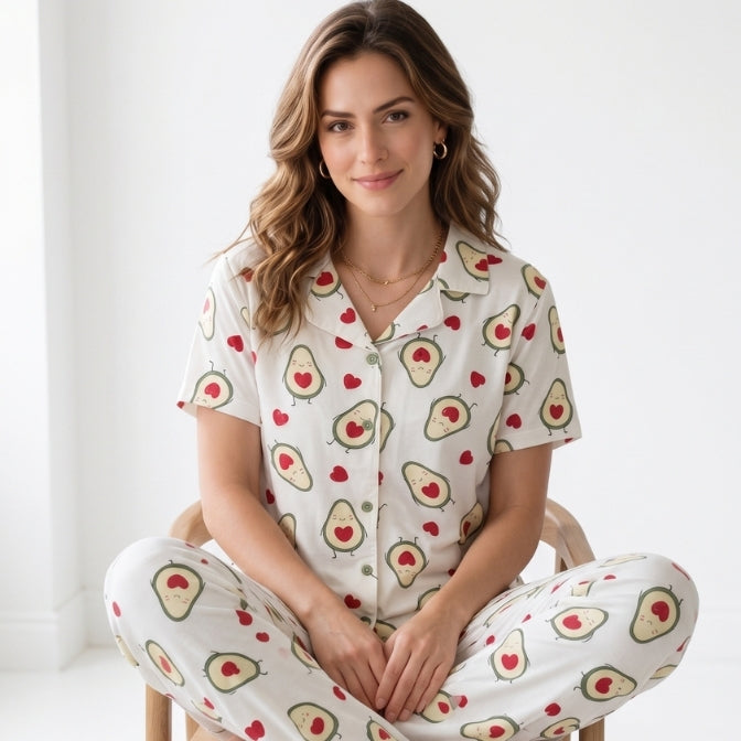 Y&B Co. Avokado Pattern Düğmeli Kadın Pijama Takımı