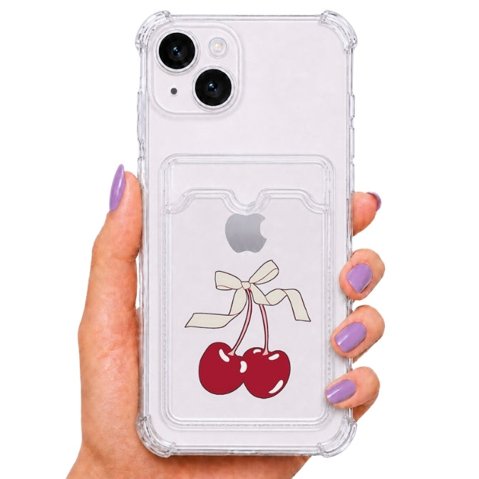 iPhone 15 Uyumlu Kartlıklı Şeffaf Kılıf - Kurdeleli Kiraz Desenli Darbe Korumalı Silikon Kılıf