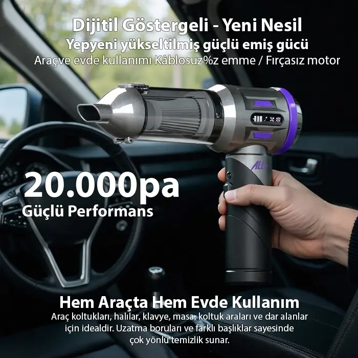 ALLY Powerjet Pro 20000pa Güçlü Portatif 3 Kademeli Tasinabilir Vakumlu Kablosuz Üflemeli Mini Araç Süpürgesi