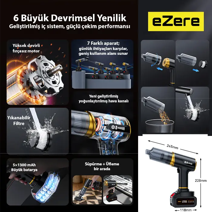 EZERE ST-6609C 20000pa Güçlü Dijital Göstergeli Vakumlu Kablosuz Üflemeli Araç Süpürgesi