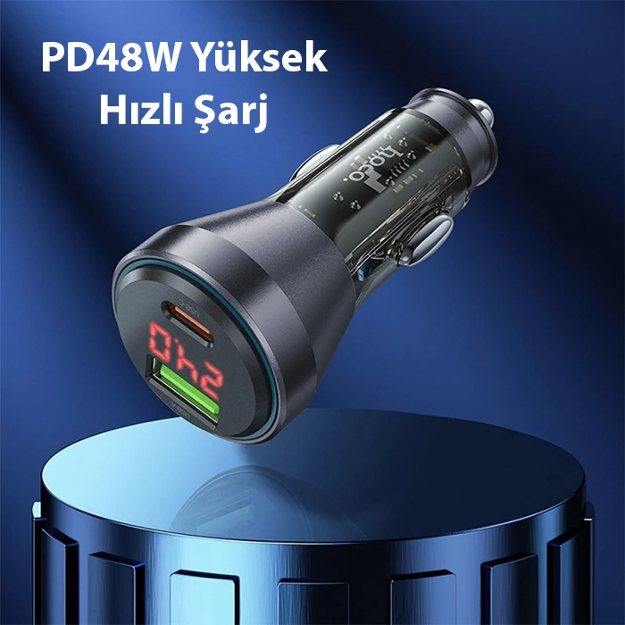 HOCO NZ12B Unimpeded PD48W USB + Type-C Araç Çakmaklı Hızlı Şarj Aleti + Type-C to iPhone Kablo