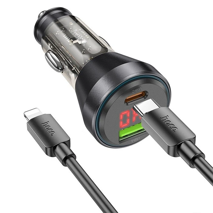 HOCO NZ12B Unimpeded PD48W USB + Type-C Araç Çakmaklı Hızlı Şarj Aleti + Type-C to iPhone Kablo