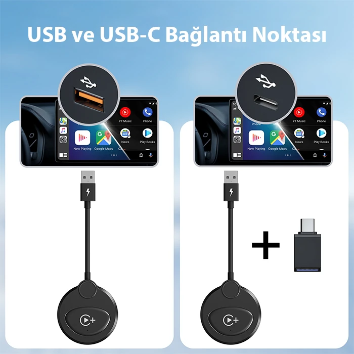 USB+Type-C Apple Kablosuz Wireless Carplay Adaptör Çevirici -Youtube Netflix Tiktok Video Yansıtıcı