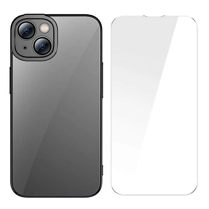 Baseus Glitter iPhone 14 Plus 6.7 Renkli Kenar Silikon Kılıf + Tempered Ekran Koruyucu Set