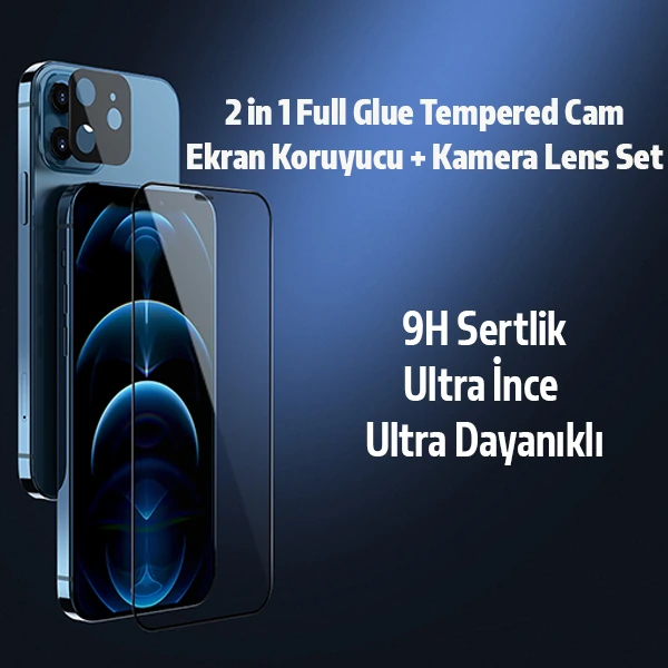 İPhone 12 Mini 2İN1 Full Glue Tempered Cam Ekran Koruyucu +Kamera Lens Set