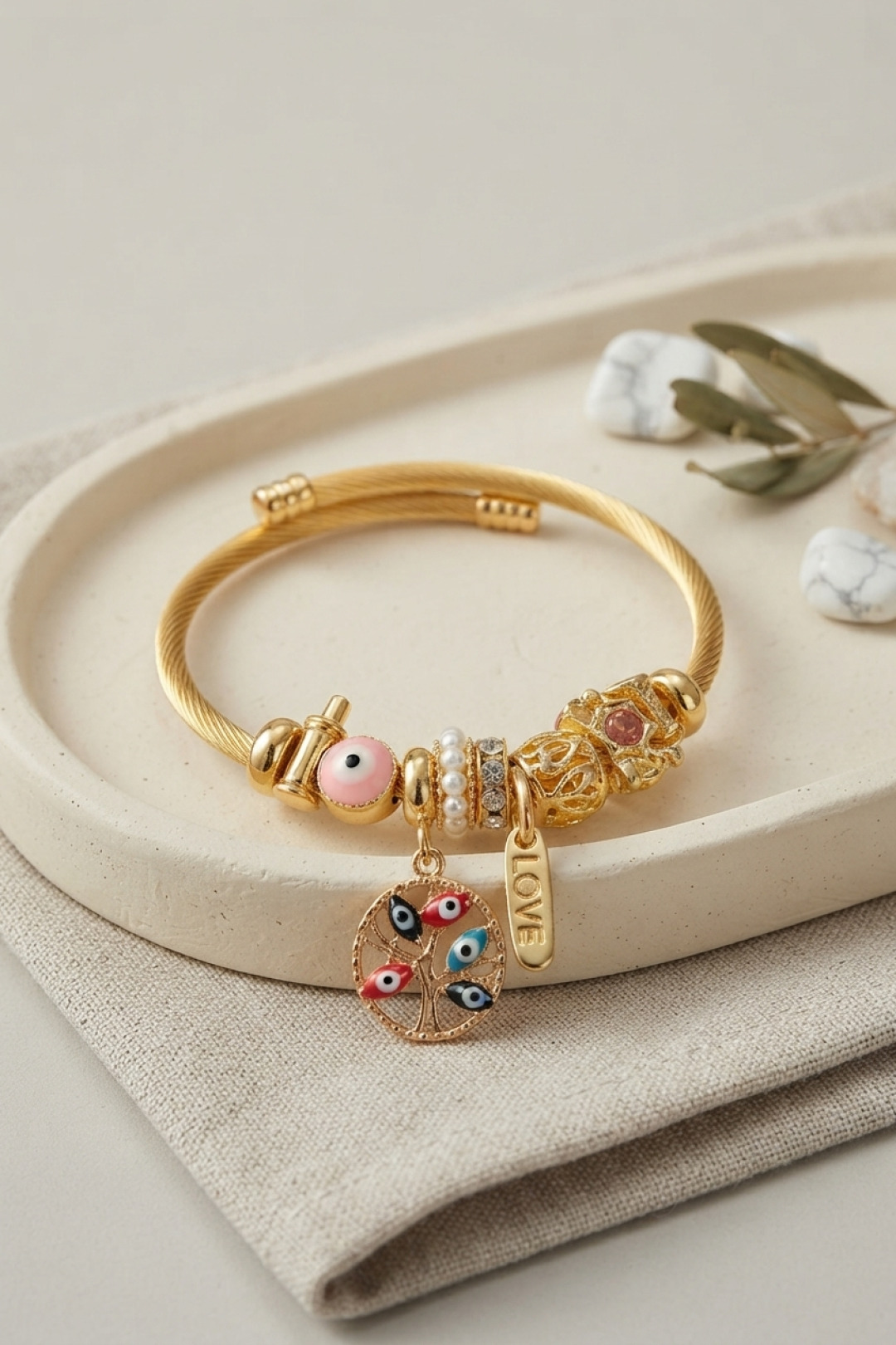 Pembe Nazar Detaylı Ağaç Charmlı Bileklik 5886