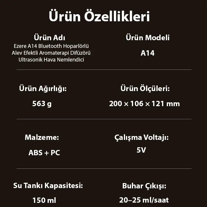 Ezere A14 Bluetooth Hoparlörlü Alev Efektli 8 Sesli Renkli Alev Görünümlü Aromaterapi Difüzörü Ultrasonik Hava Nemlendici