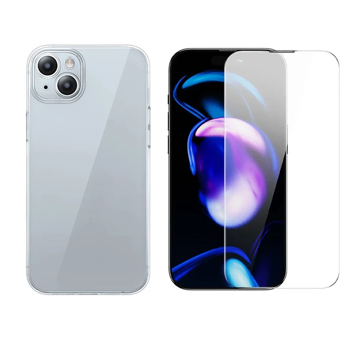 Baseus iPhone 15 Schott Serisi Şeffaf Silikon Kılıf + Tempered Ekran Koruyucu Set