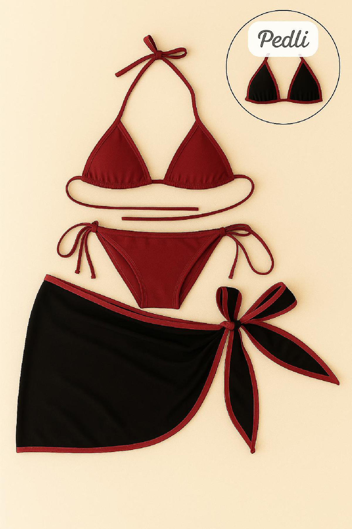 Kadın Bordo Siyah Pareolu Yandan ve Boyundan Bağlamalı 3'lü Bikini Takımı